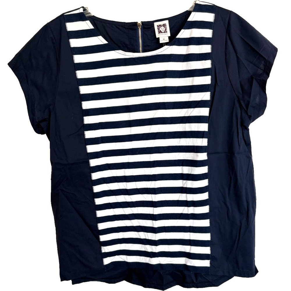 NWT Anne Klein Striped Zip Back Top Women XL Nautical Stretch Navy Blue/White‎